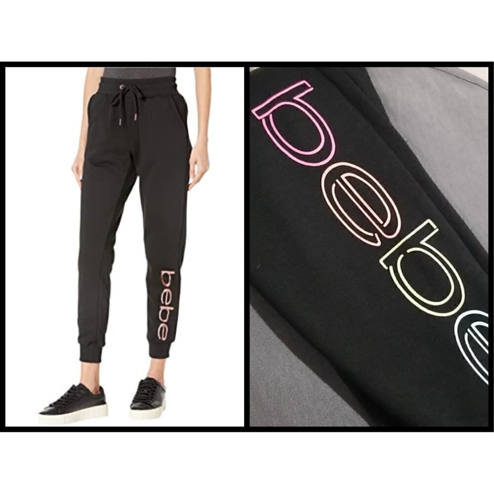 💕BEBE SPORT💕 Logo Print Jogger Pants ~ Black Medium M NWT